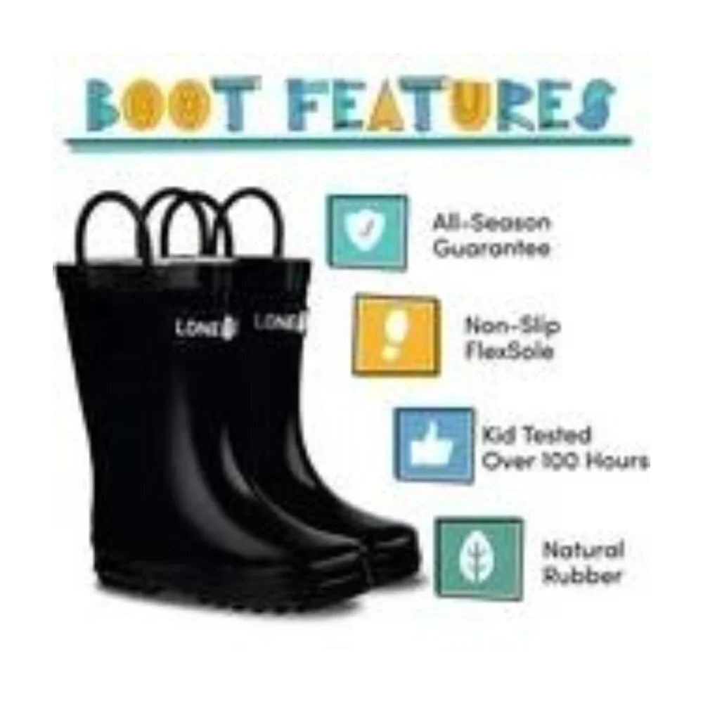 Kids Black Rain Boots Size 4 BPA Free Rubber Waterproof